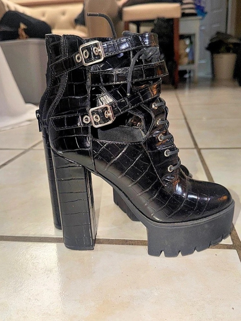 Fashion Nova Black Buckle Platform Heeled Boots